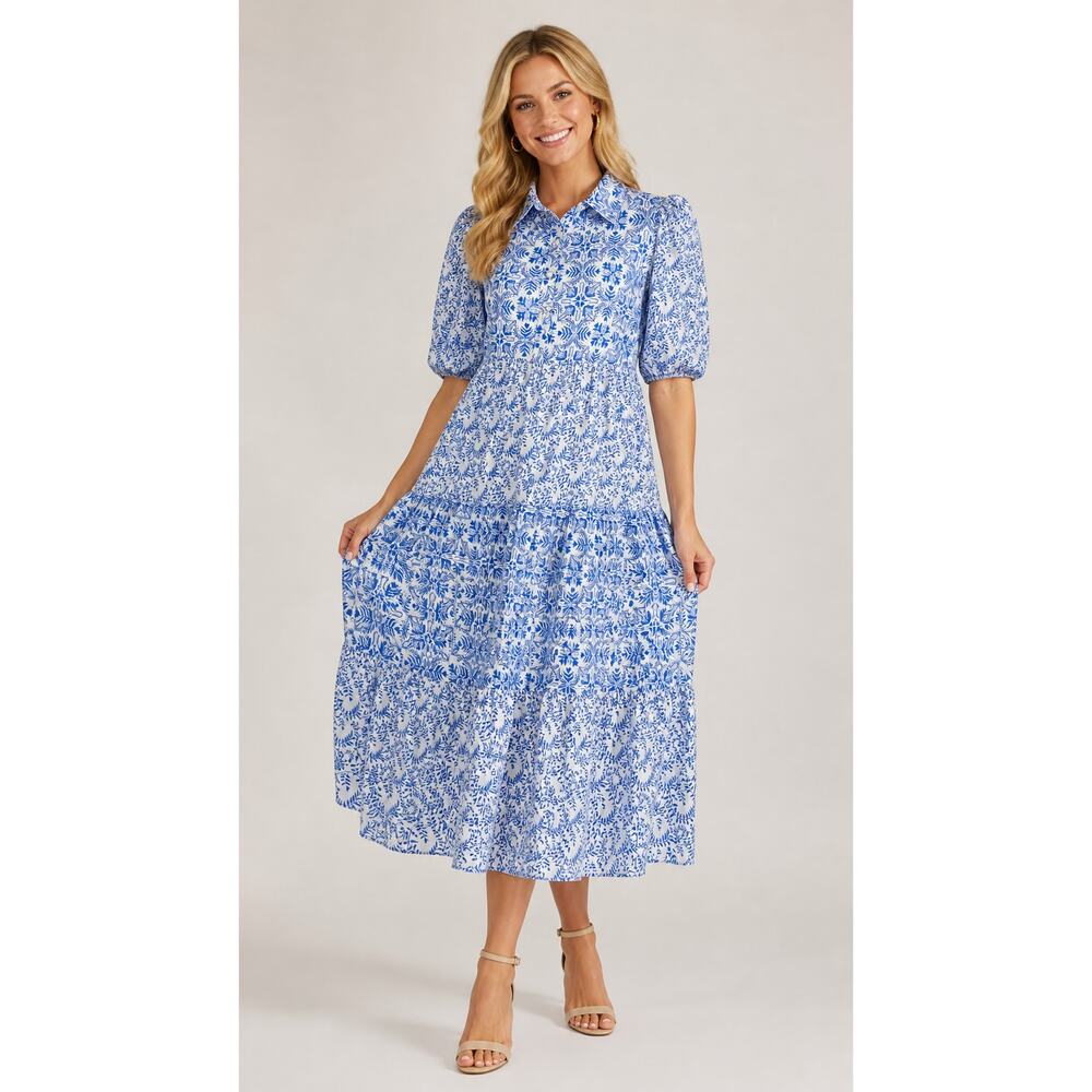 Shop The Mint Over Love Found Blue Printed Tiered Midi Dress Womens Medium New